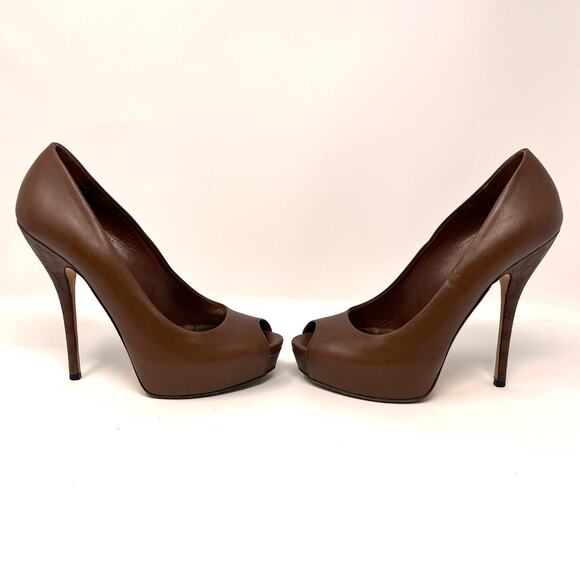Gucci Womens 36 Chocolate Brown Leather Sofia Platform Stiletto Peep Toe Heels - Picture 2 of 16